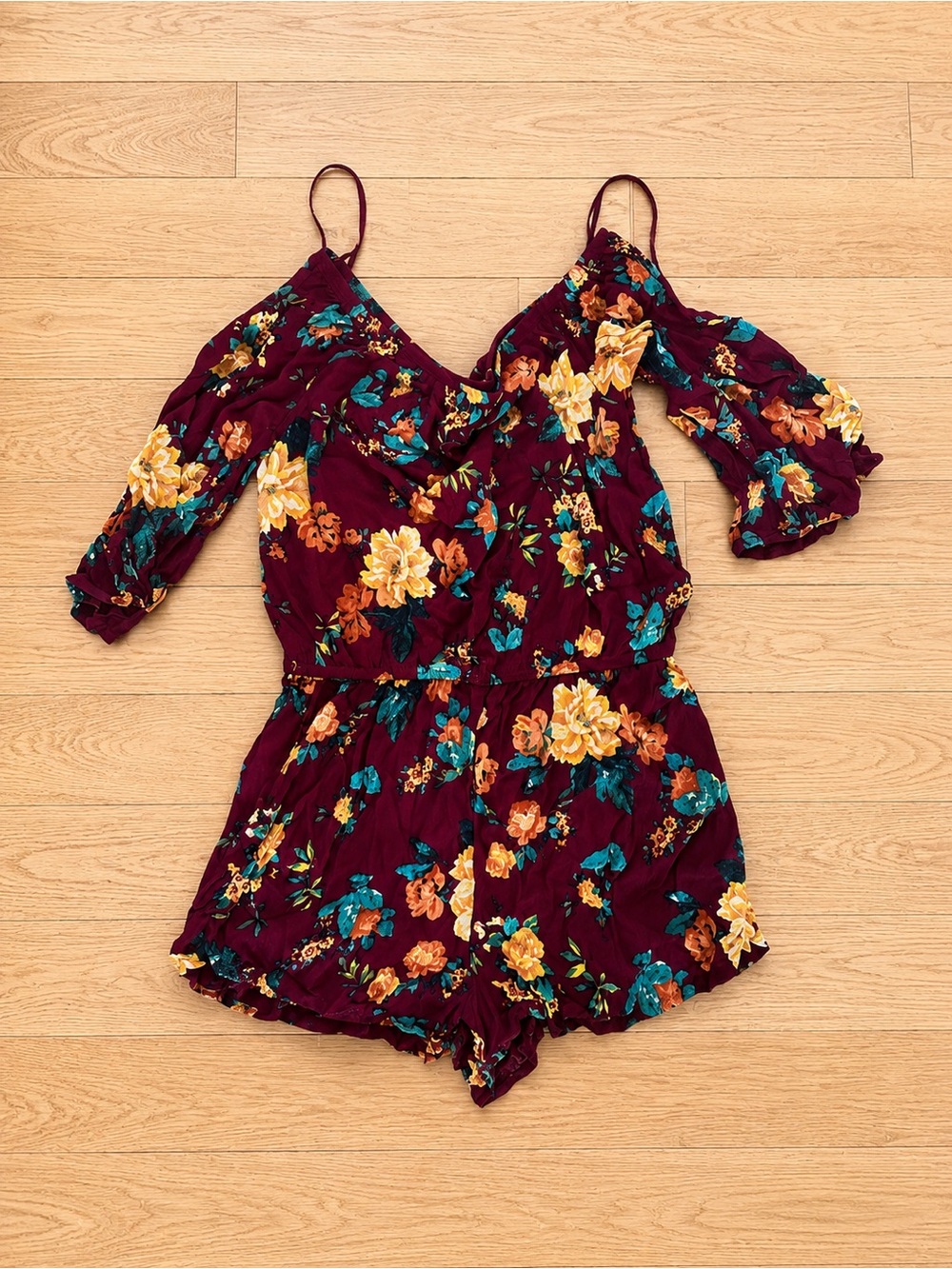 Ambiance Burgundy Floral Cold-Shoulder Romper